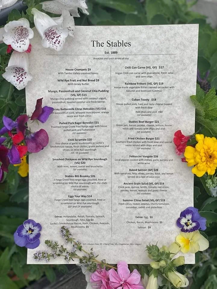 Menu, The Stables Cafe Est 1889
