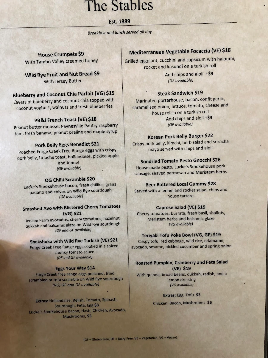 Menu, The Stables Cafe Est 1889