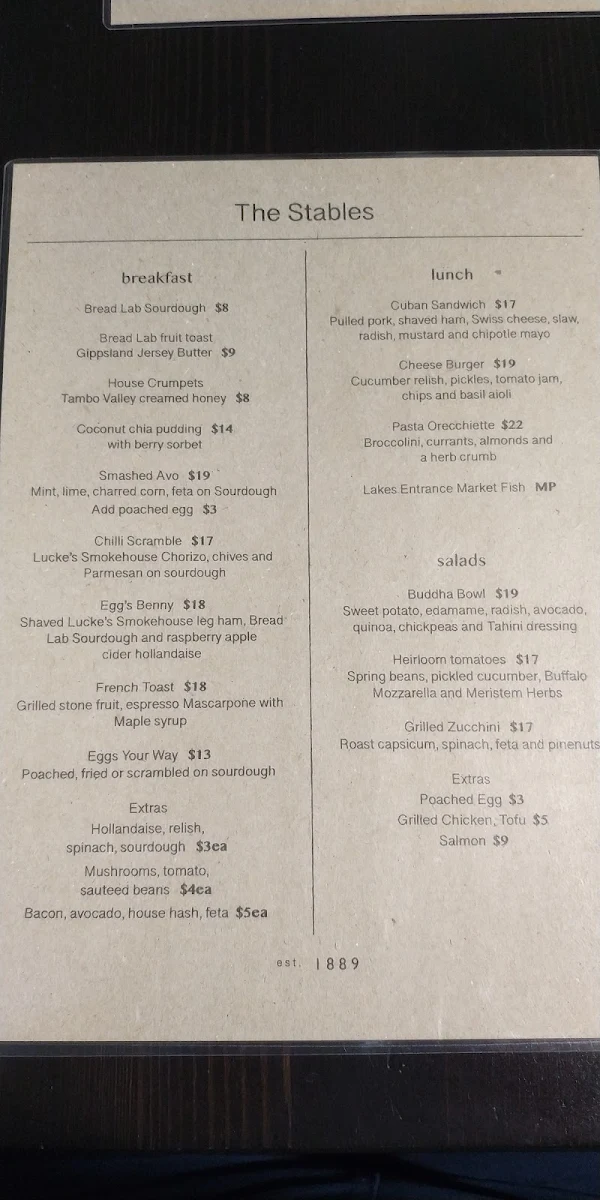 Menu, The Stables Cafe Est 1889
