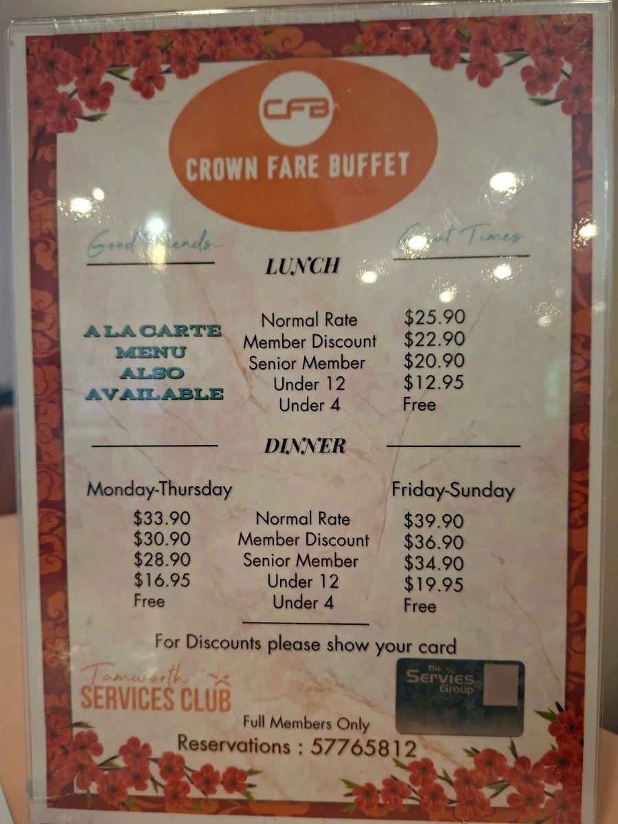 Menu, Crown Fare Buffet