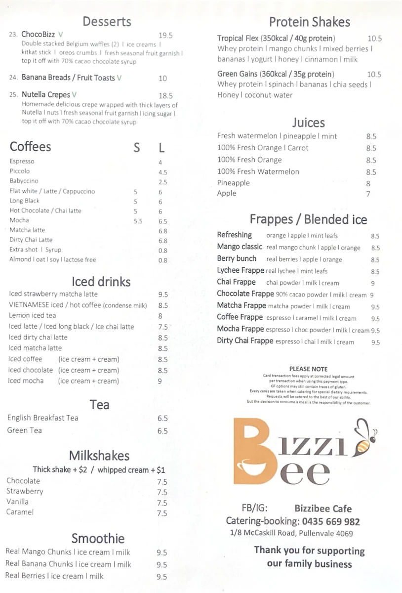 Menu, BizziBee Cafe
