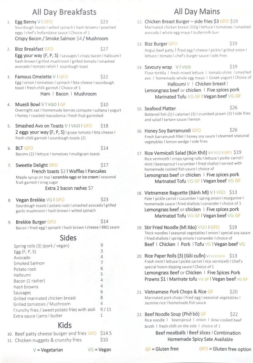 Menu, BizziBee Cafe