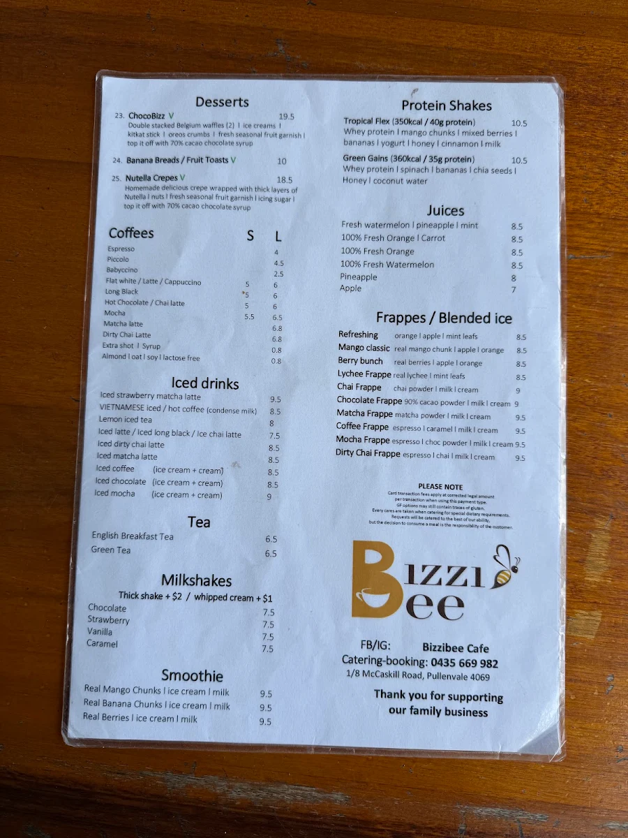 Menu, BizziBee Cafe