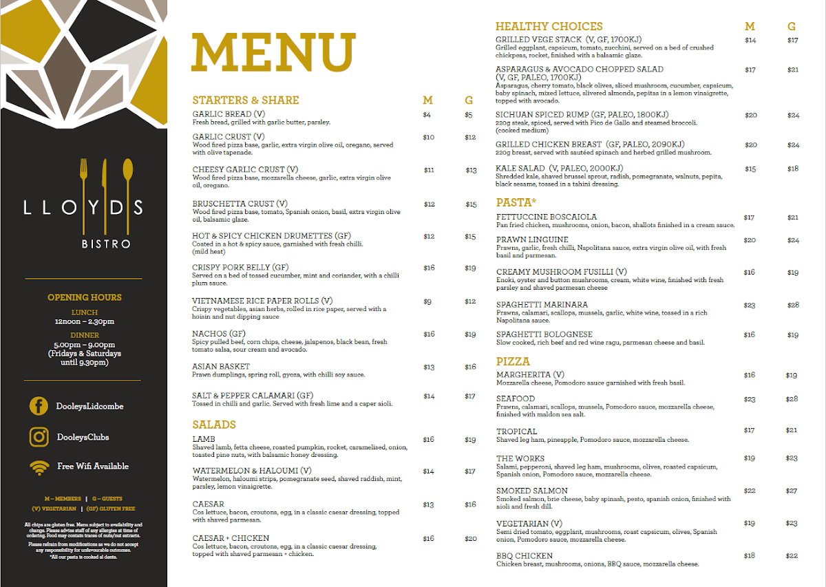 Menu, Lloyd's Bistro Lidcombe