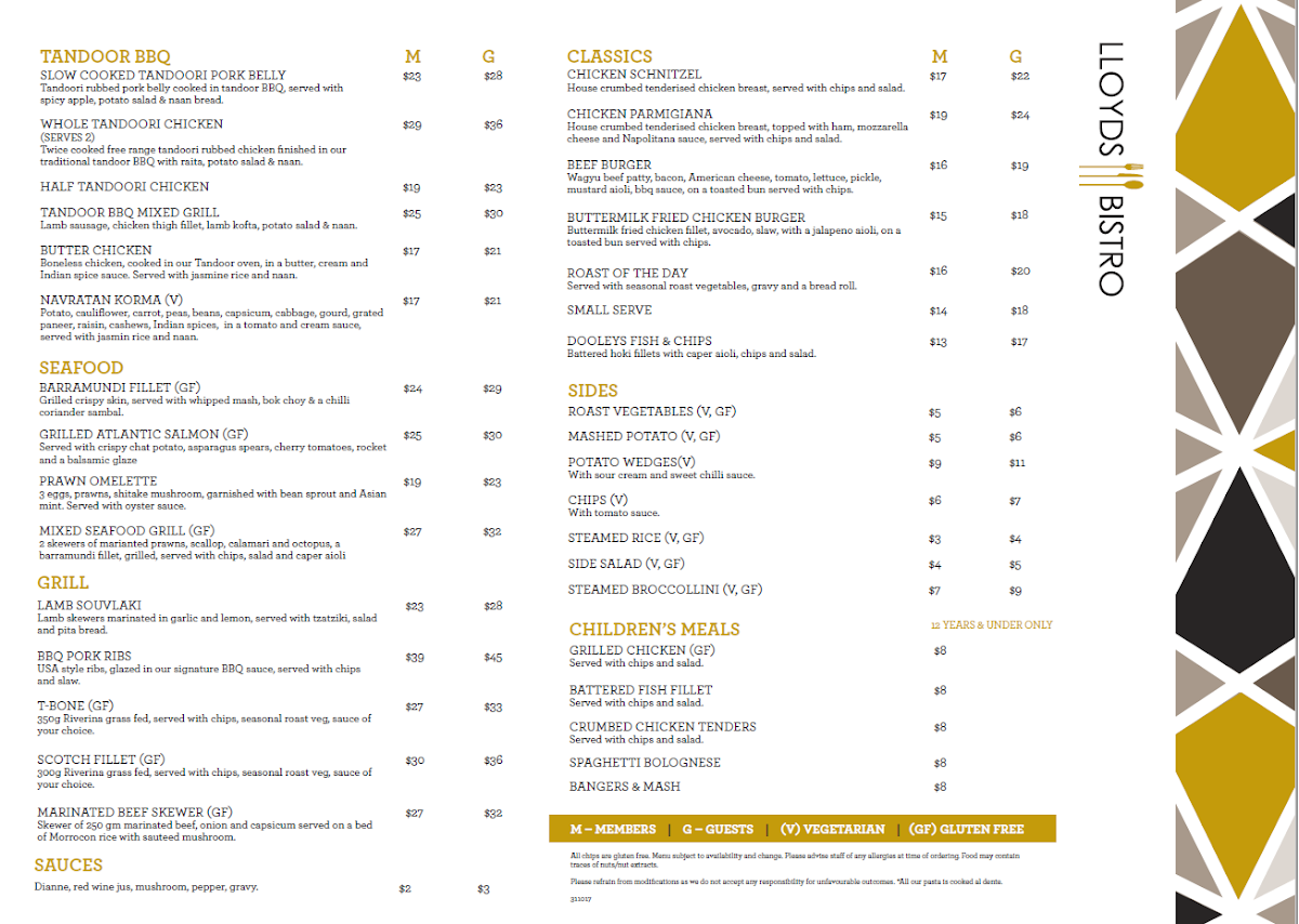 Menu, Lloyd's Bistro Lidcombe