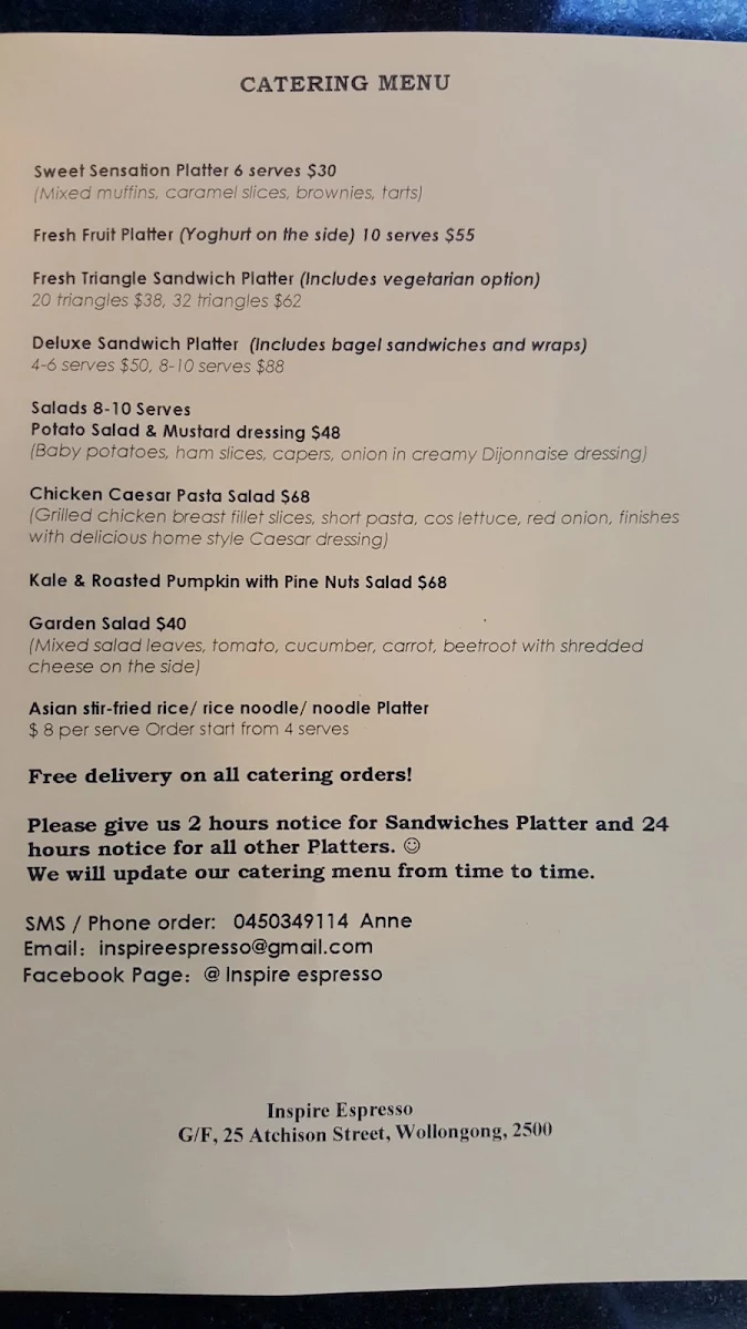 Menu, Inspire Espresso