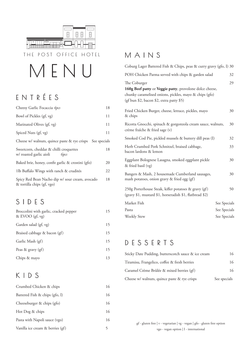 Menu, Post Office Hotel Pub & Dining Hall