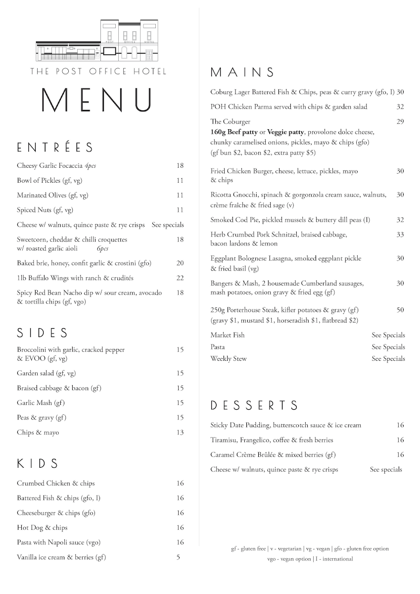 Menu, Post Office Hotel Pub & Dining Hall