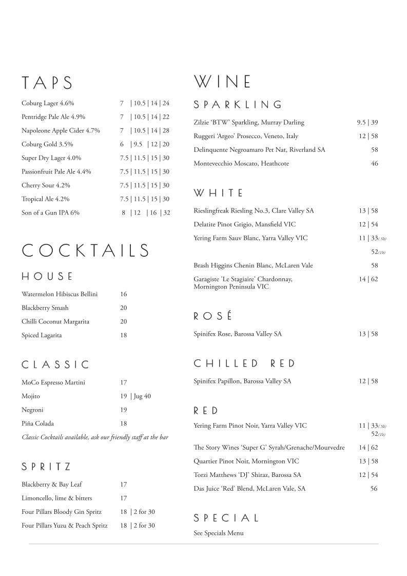 Menu, Post Office Hotel Pub & Dining Hall