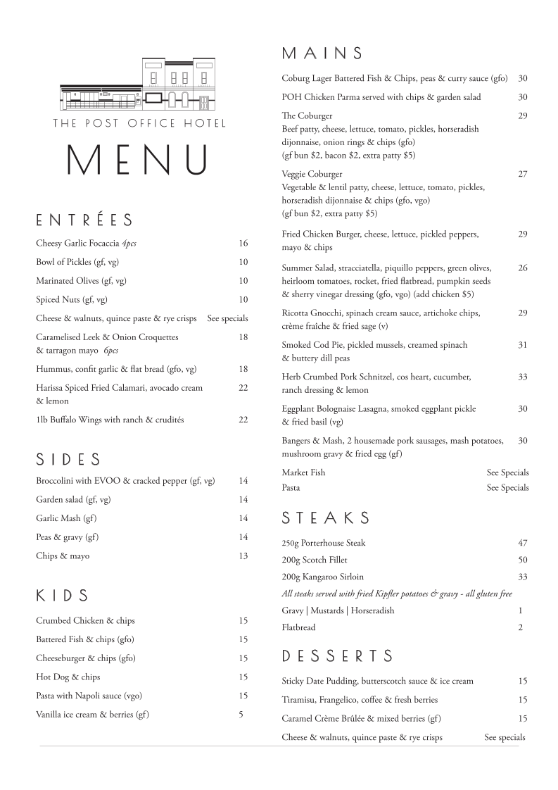 Menu, Post Office Hotel Pub & Dining Hall