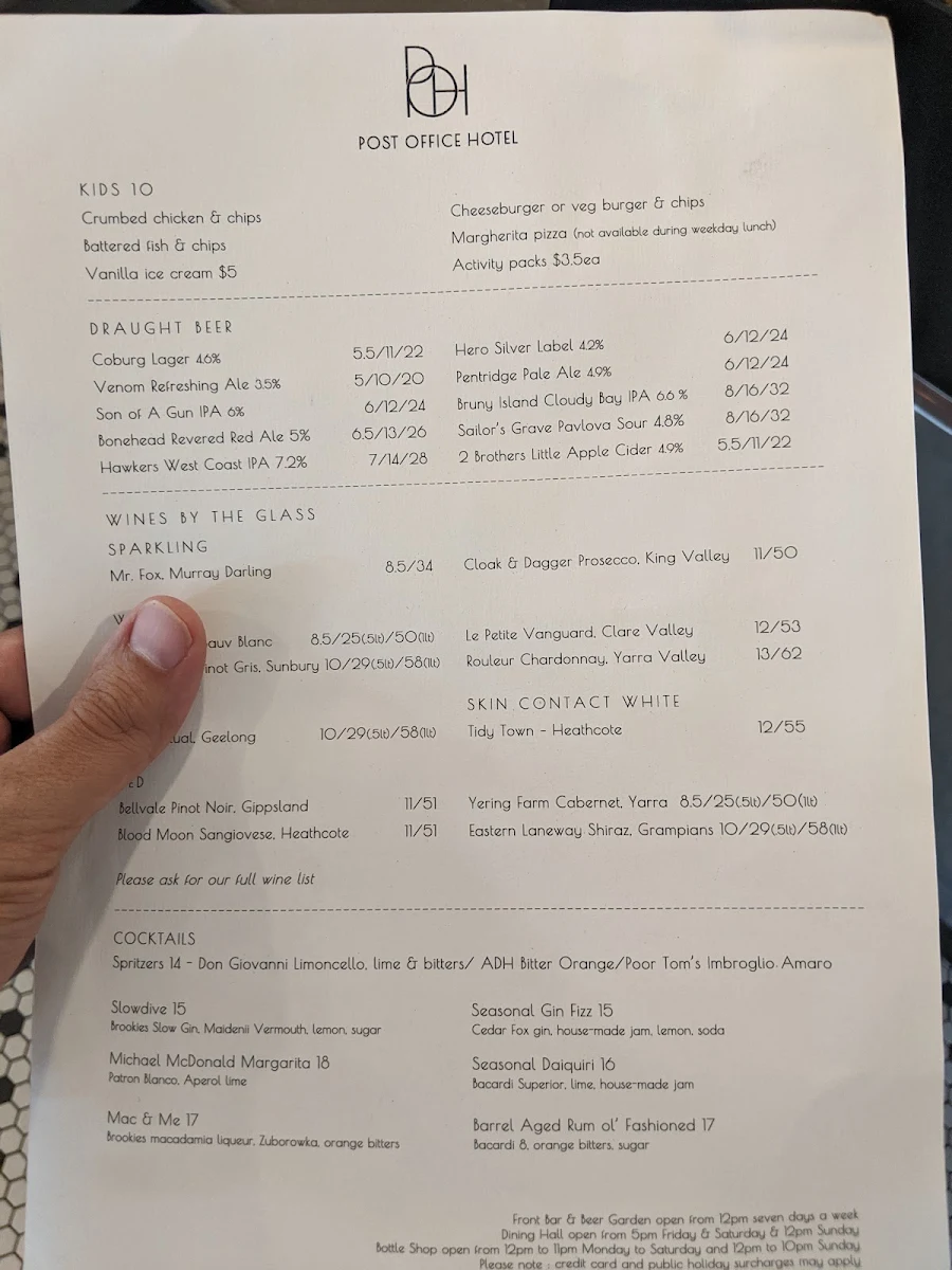 Menu, Post Office Hotel Pub & Dining Hall