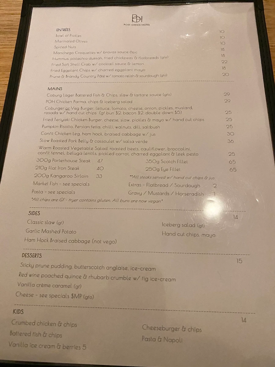 Menu, Post Office Hotel Pub & Dining Hall