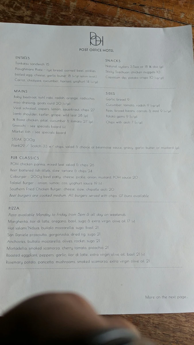 Menu, Post Office Hotel Pub & Dining Hall