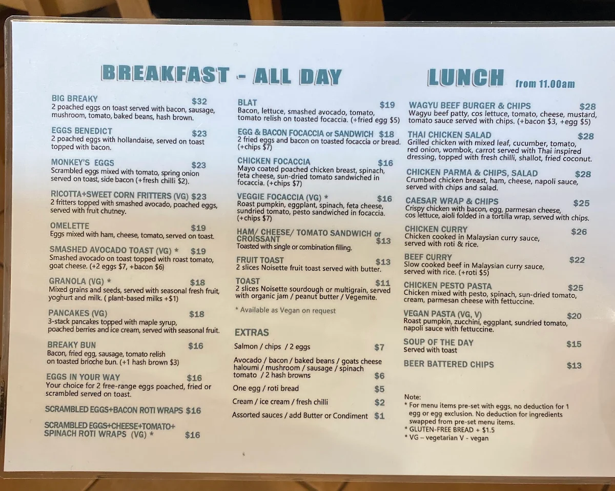 Menu, Monkey Can Fly Café