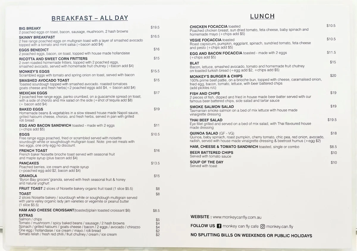 Menu, Monkey Can Fly Café