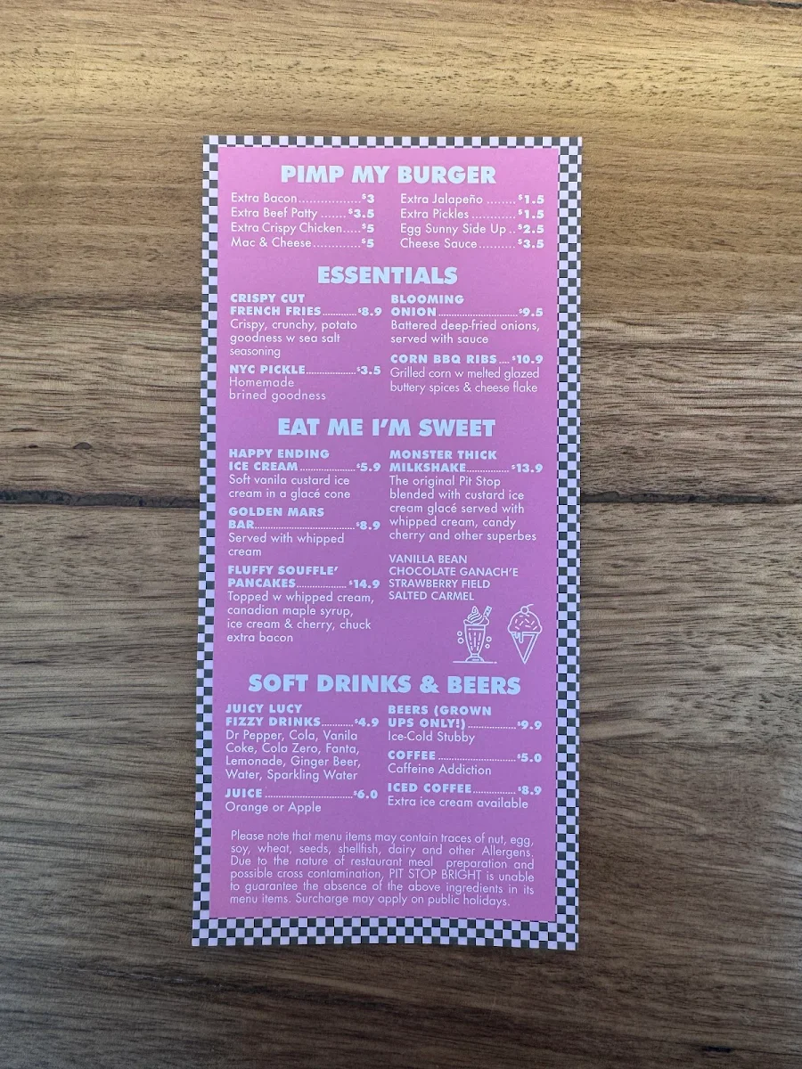 Menu, Pit Stop Bright