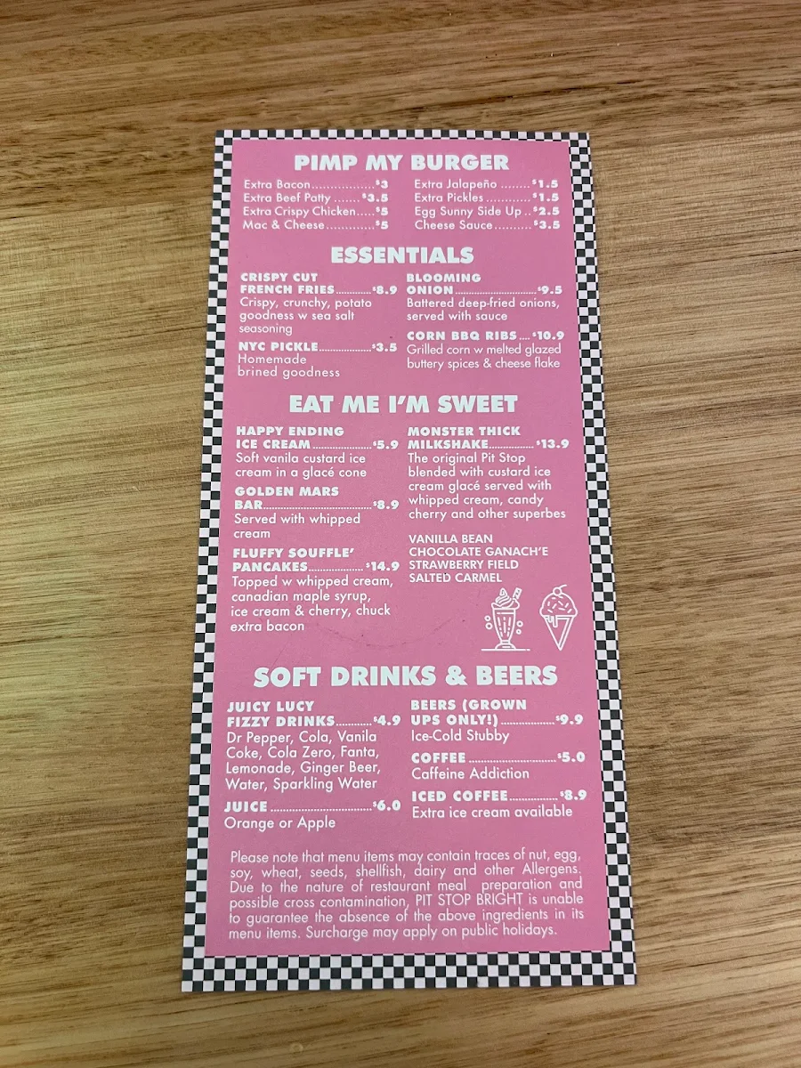 Menu, Pit Stop Bright