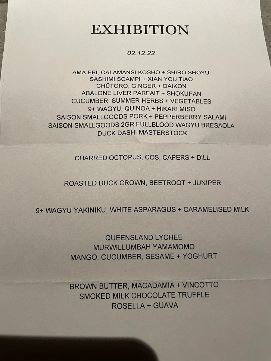 Menu, Exhibition Restaurant