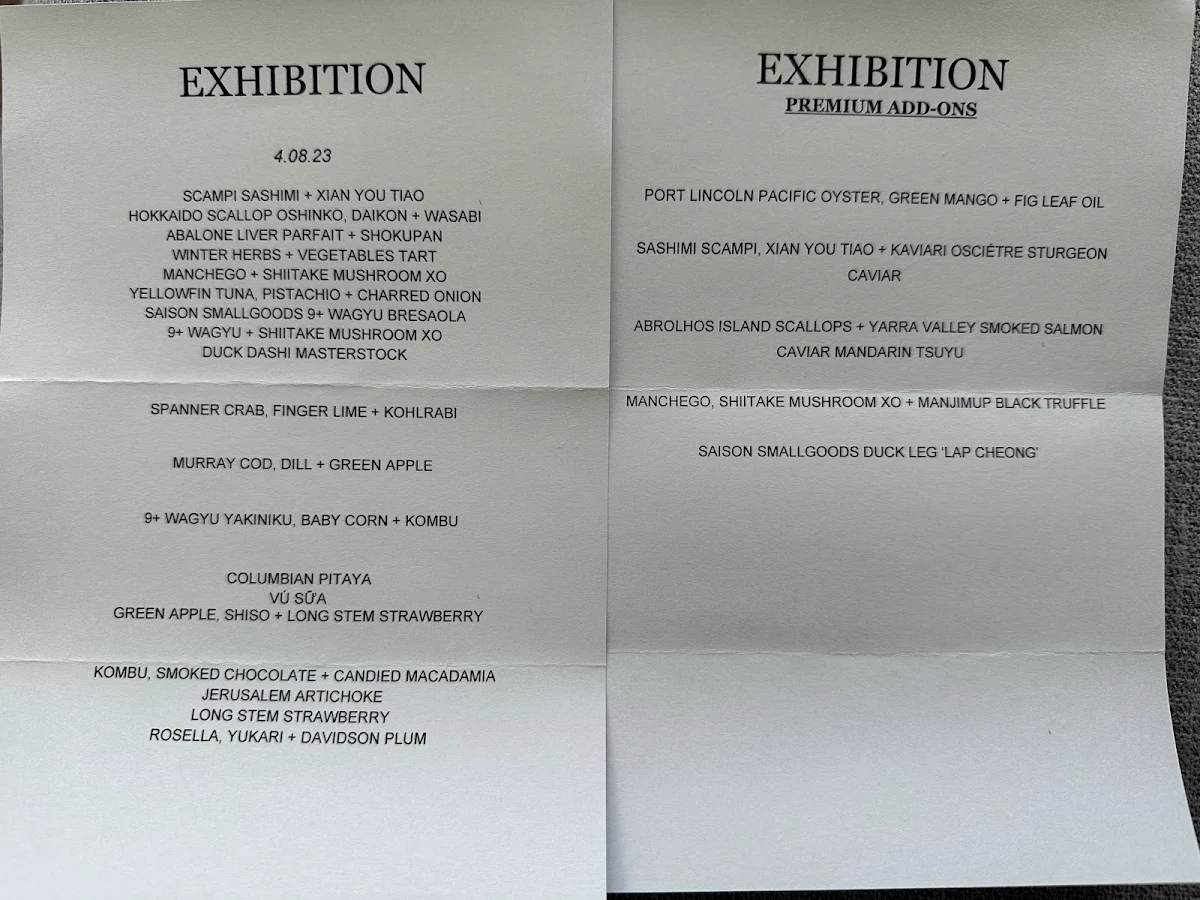 Menu, Exhibition Restaurant
