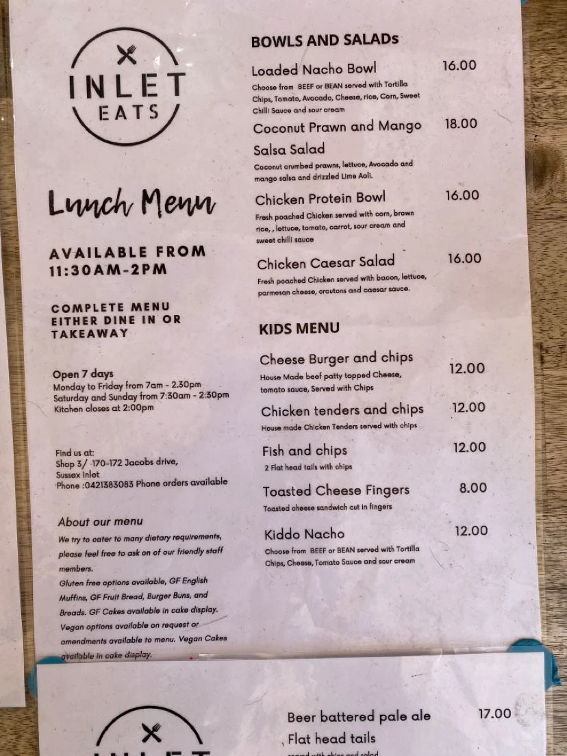 Menu, Inlet Eats
