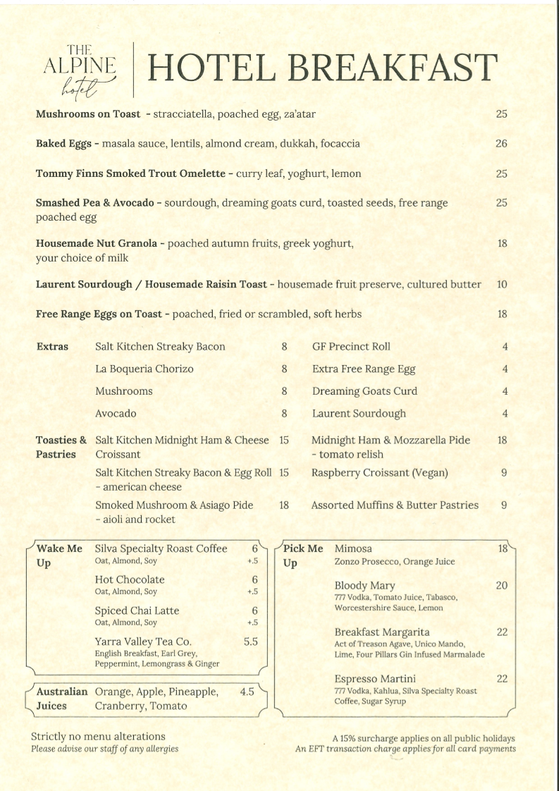 Menu, Alpine Hotel, Warburton