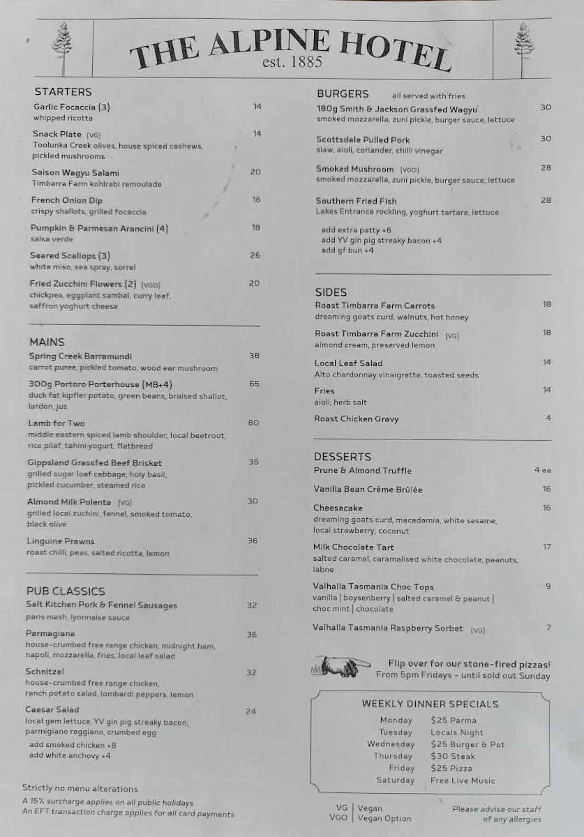 Menu, Alpine Hotel, Warburton