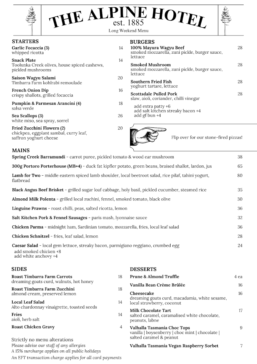 Menu, Alpine Hotel, Warburton