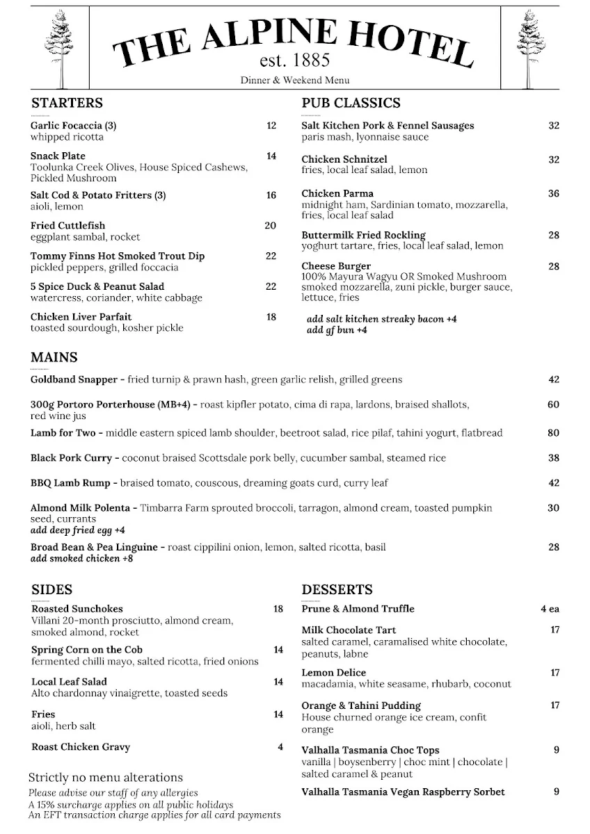 Menu, Alpine Hotel, Warburton
