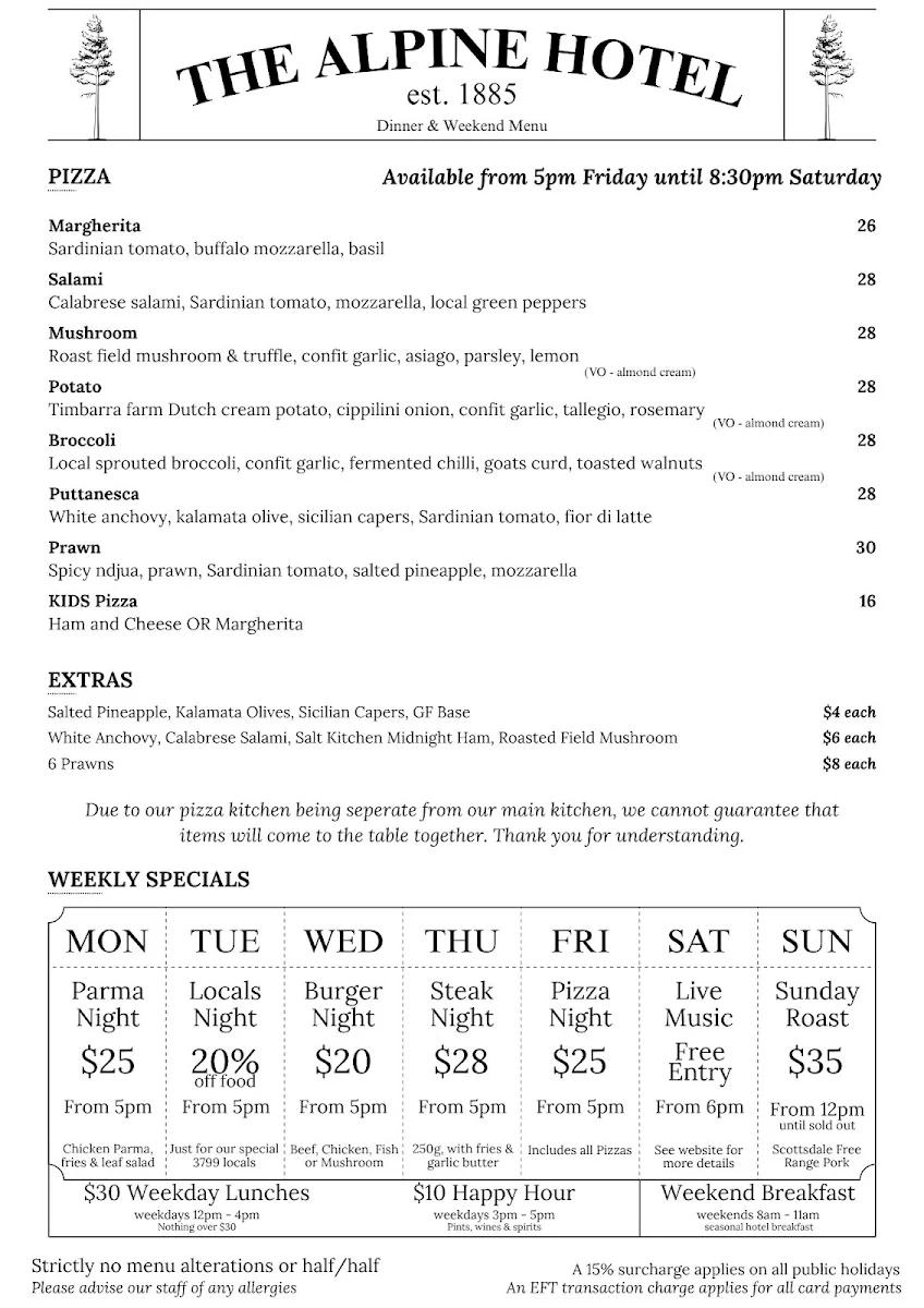 Menu, Alpine Hotel, Warburton