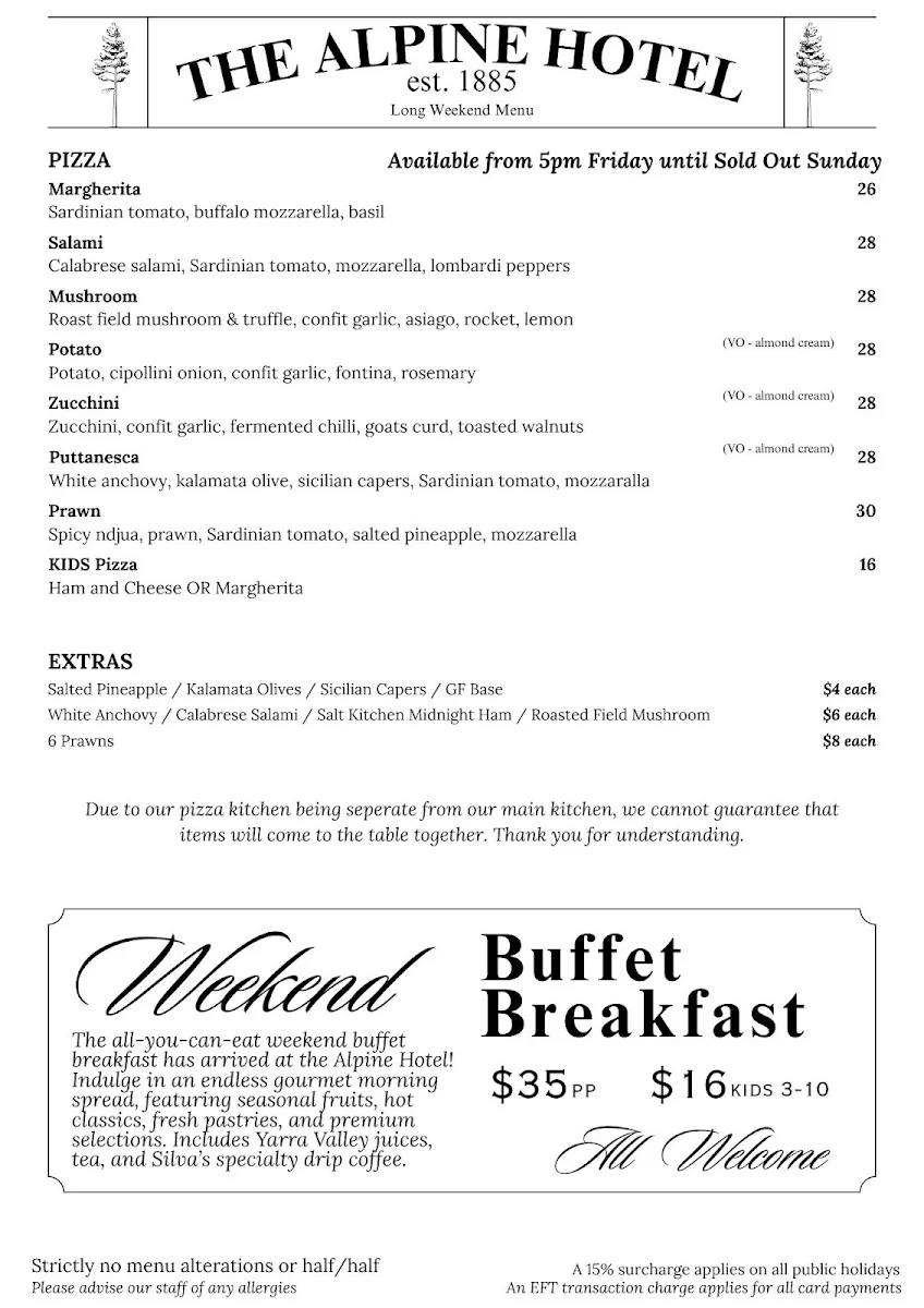 Menu, Alpine Hotel, Warburton
