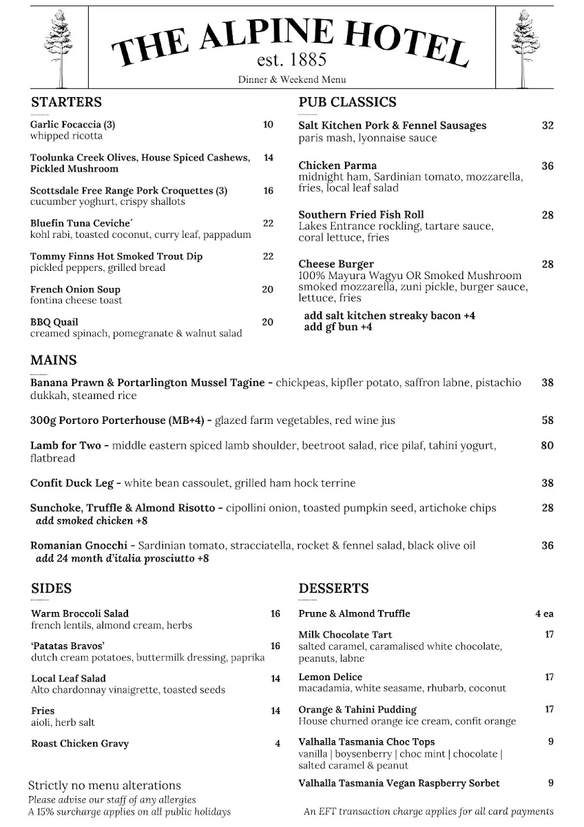 Menu, Alpine Hotel, Warburton