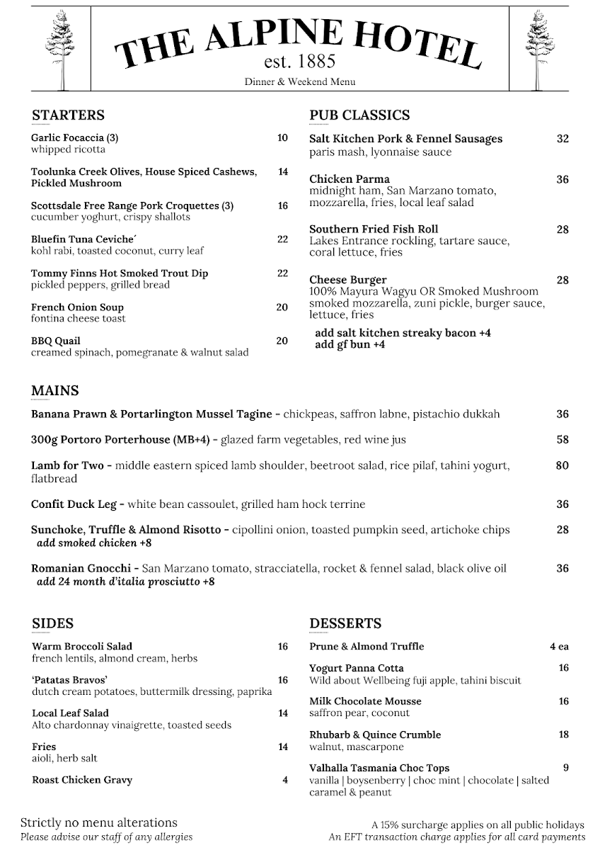 Menu, Alpine Hotel, Warburton
