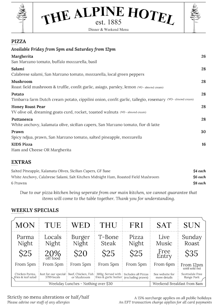 Menu, Alpine Hotel, Warburton