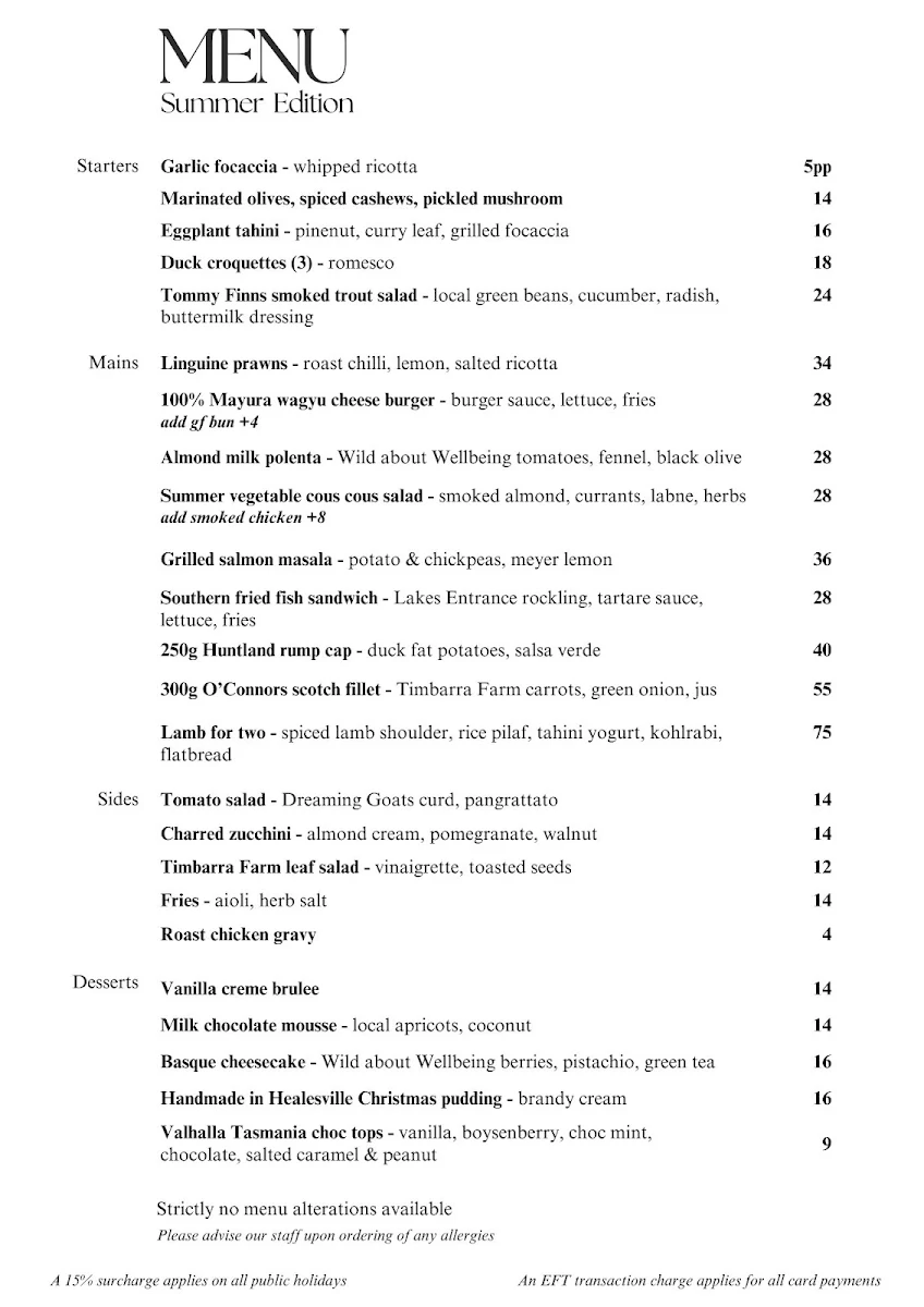 Menu, Alpine Hotel, Warburton