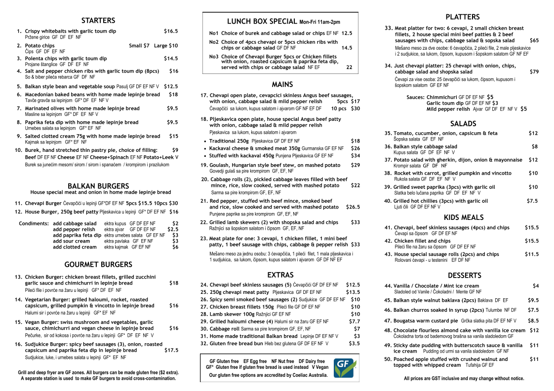Menu, Chevapi Grill Balkan Kitchen