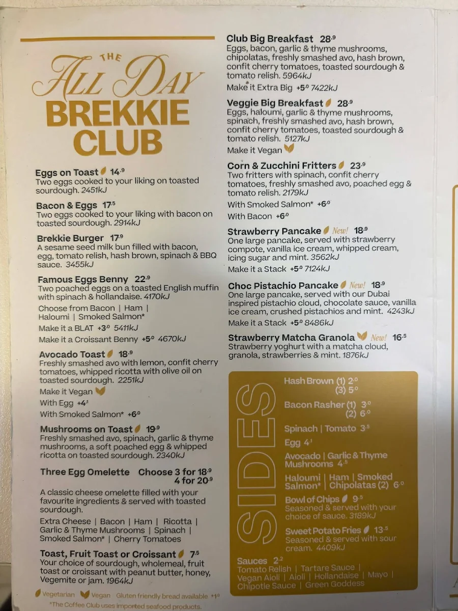 Menu, The Coffee Club Café - Joondalup Square Edgewater