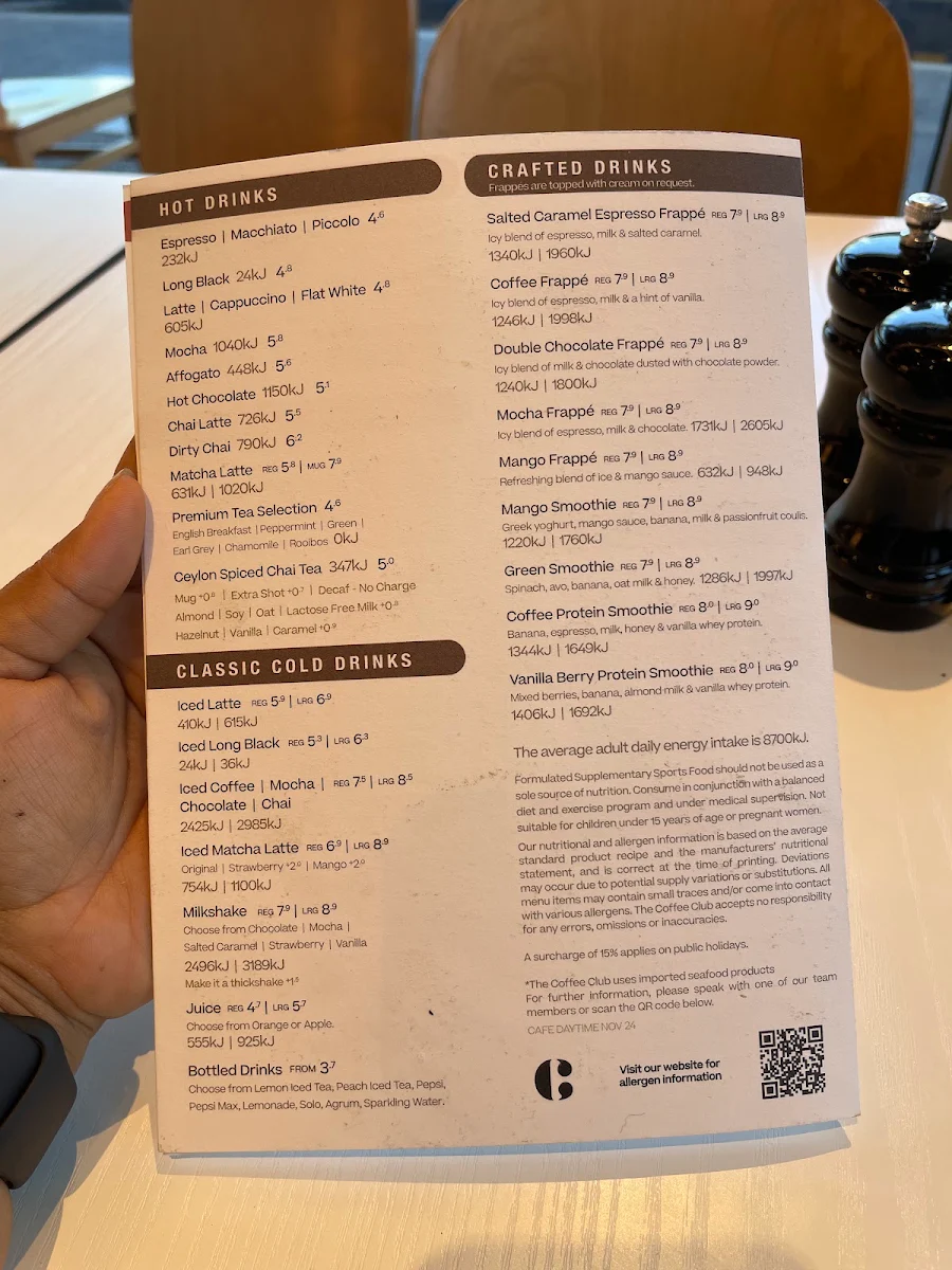 Menu, The Coffee Club Café - Joondalup Square Edgewater