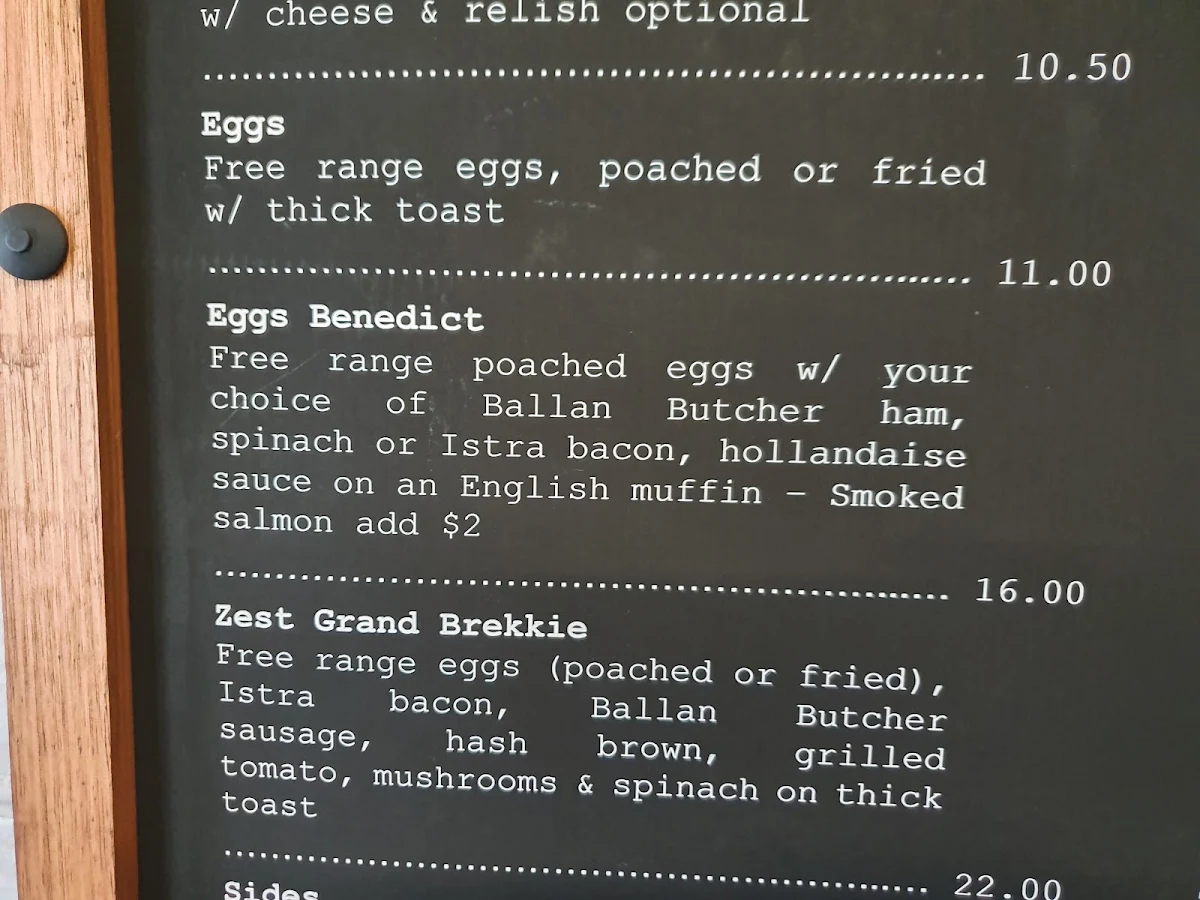 Menu, Zest Licensed Cafe