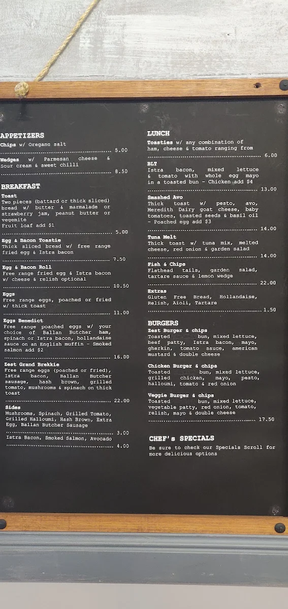 Menu, Zest Licensed Cafe