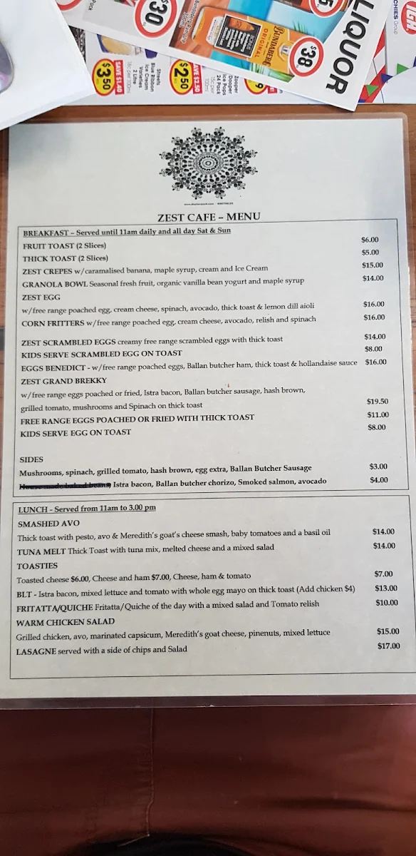 Menu, Zest Licensed Cafe