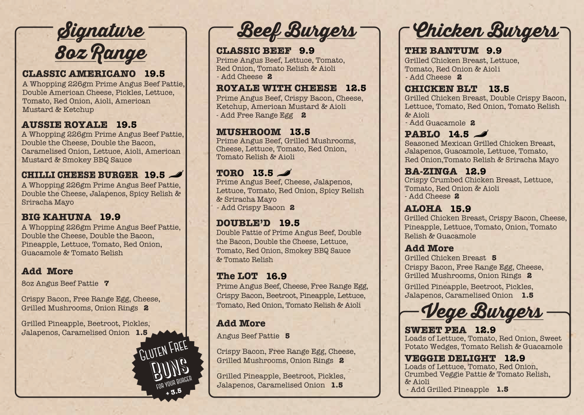 Menu, Burger'D Carseldine