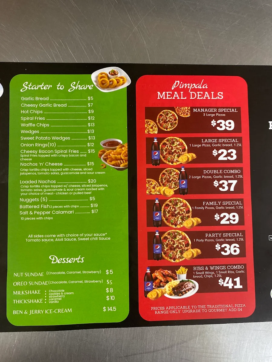 Menu, Pimpala Pizza House