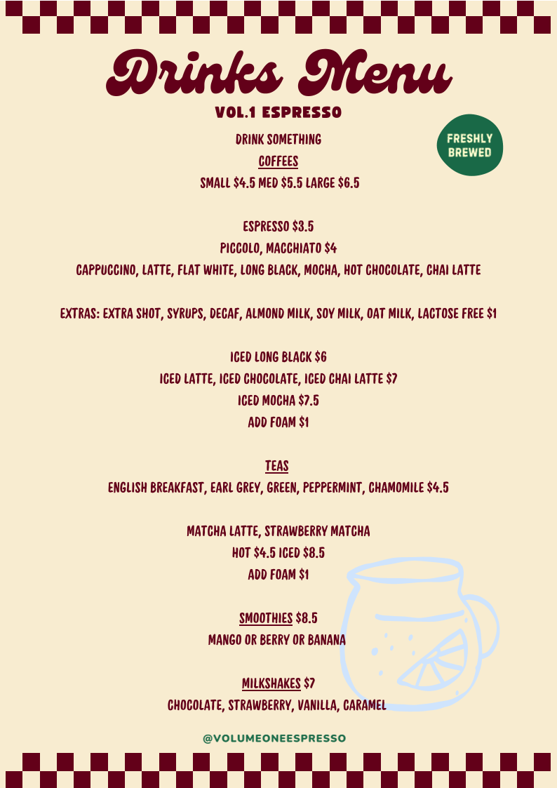 Menu, Volume One Espresso