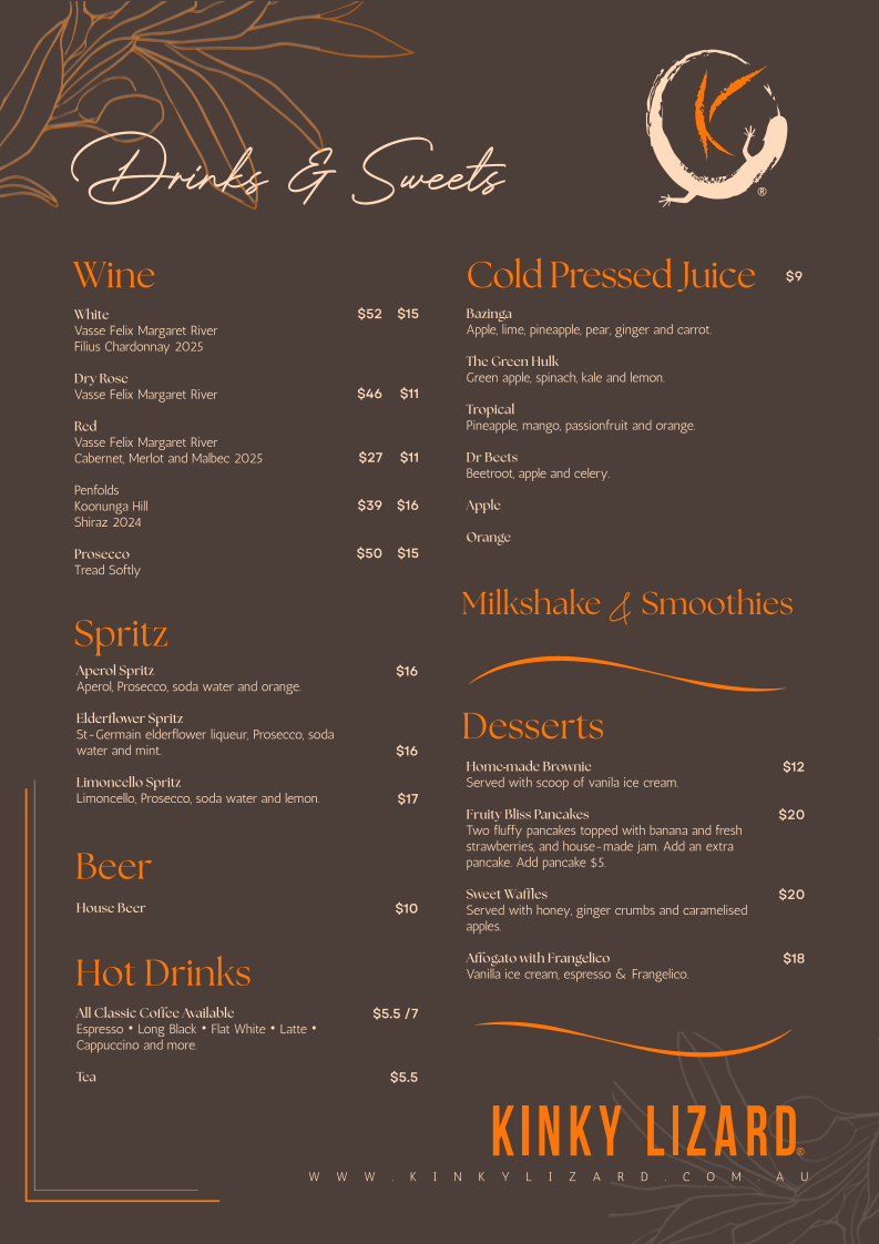 Menu, Kinky Lizard Cafe Como