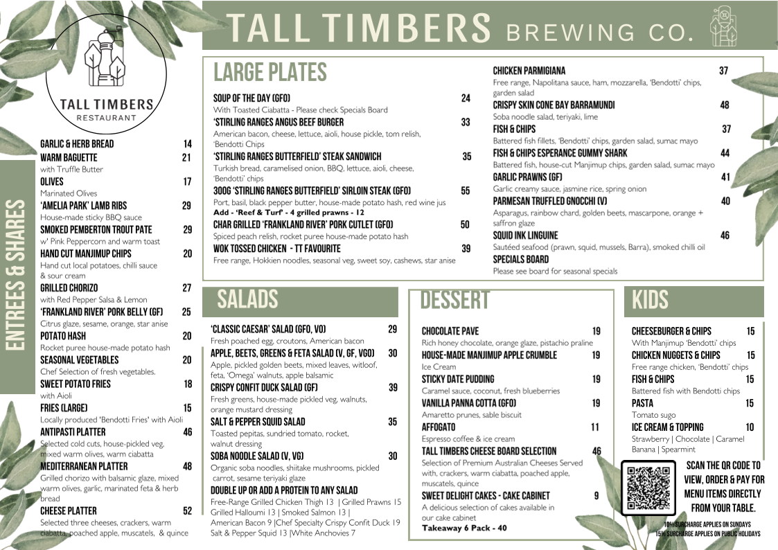 Menu, Tall Timbers Manjimup