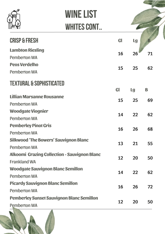 Menu, Tall Timbers Manjimup