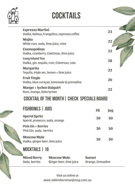 Menu, Tall Timbers Manjimup