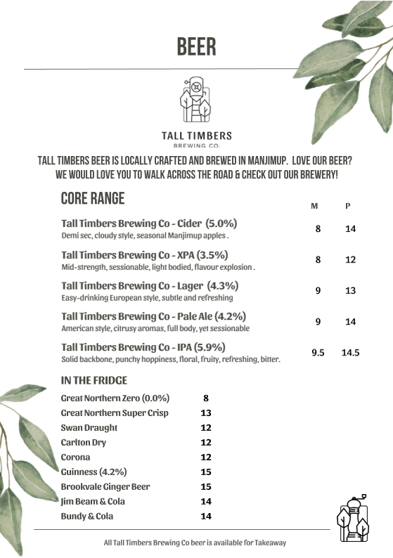 Menu, Tall Timbers Manjimup