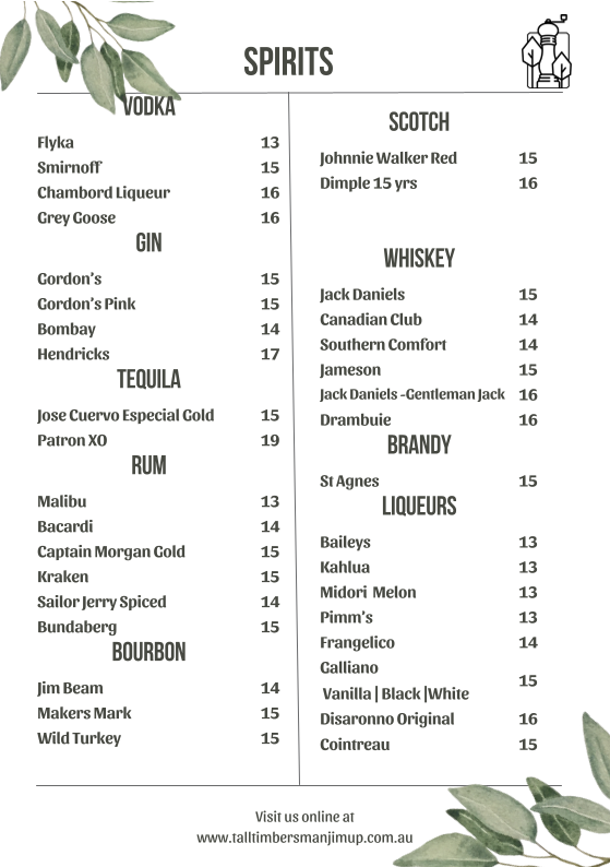 Menu, Tall Timbers Manjimup