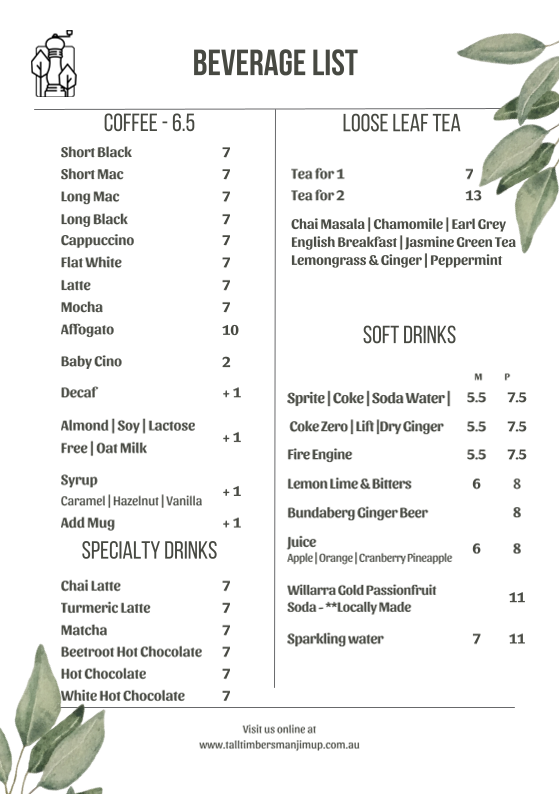 Menu, Tall Timbers Manjimup